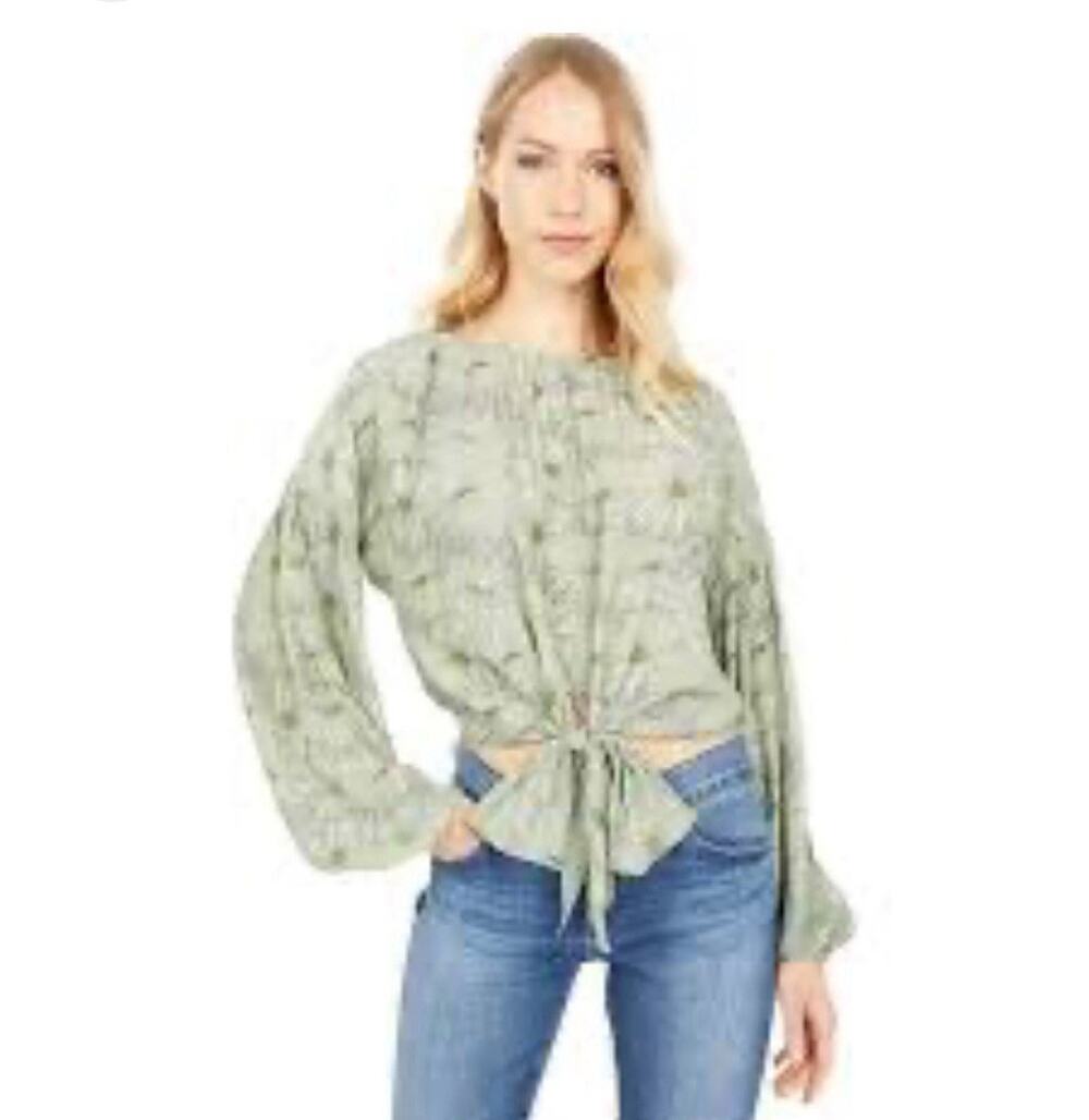 WAYF Aliso Tie Front Top Womens Olive Daisies Long Sleeve Lightweight